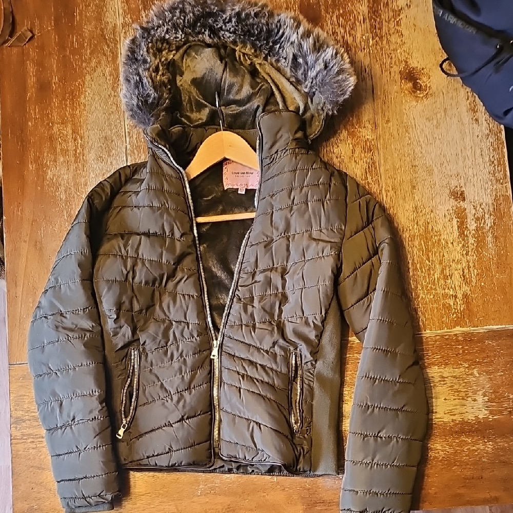 Olive Green Puffer Jacket with Faux Fur Hood